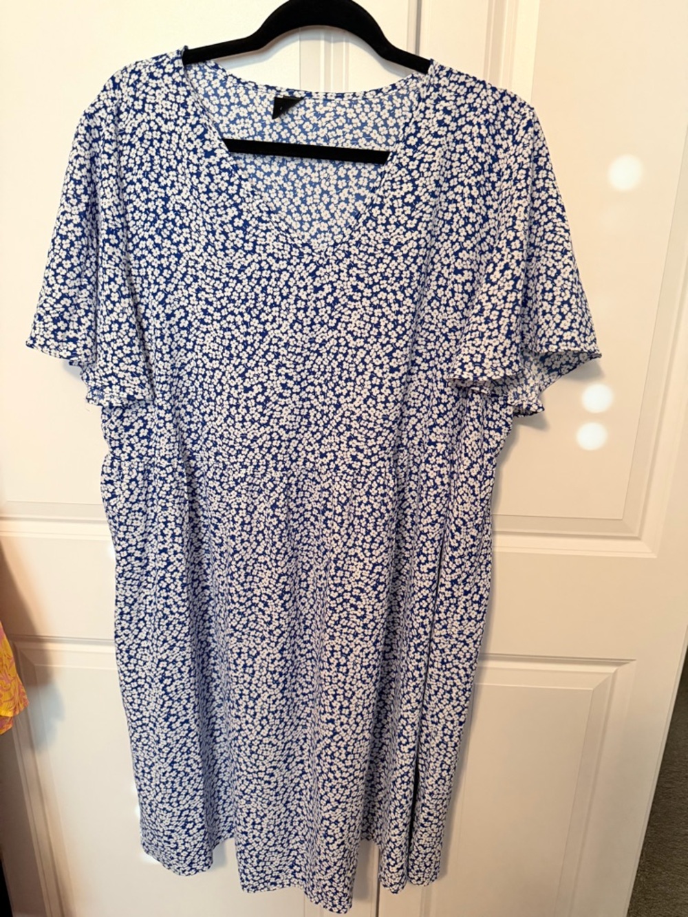 Blue Floral Midi Dress with Short Flutter Sleeves